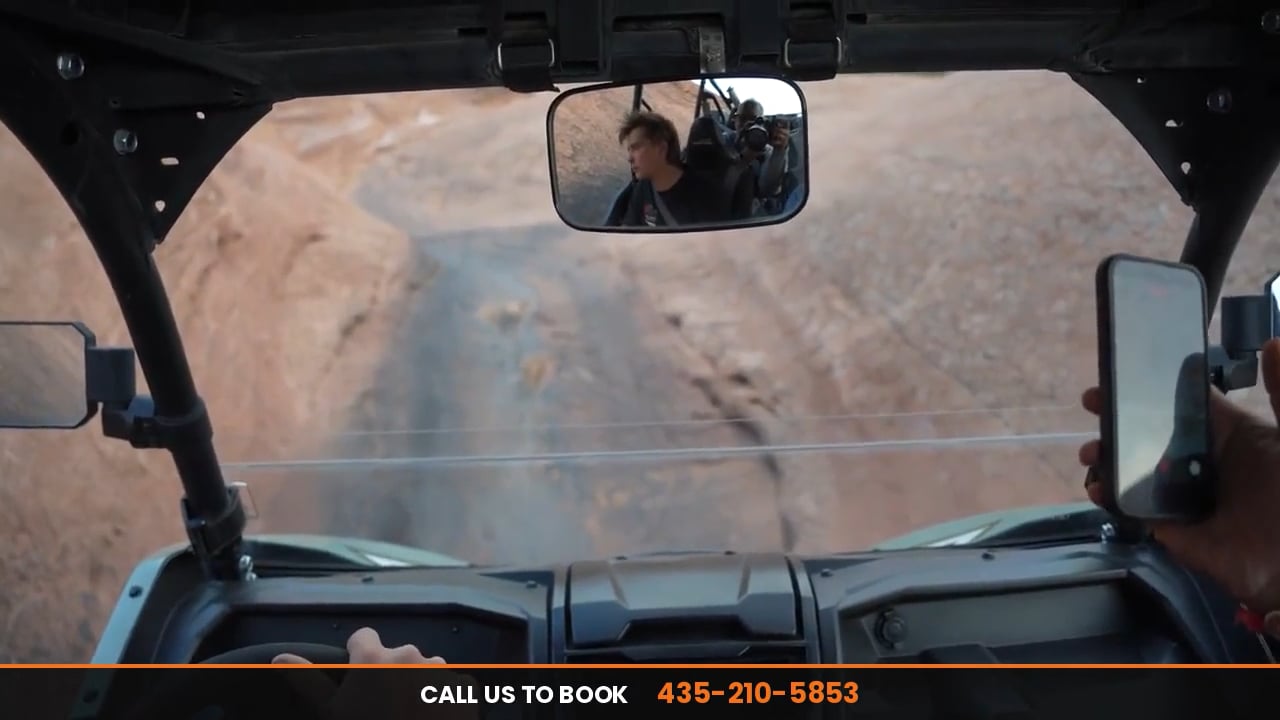 Driver's-seat view of a UTV heading down the Escalator on Hell's Revenge in Moab